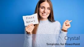  Presentation with news paper - Presentation theme consisting of young-beautiful-redhead-woman-holding background and a light blue colored foreground