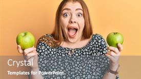  Presentation with green apples - Audience pleasing presentation design consisting of young-beautiful-redhead-woman-holding backdrop and a gray colored foreground