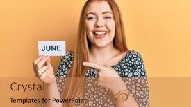  Presentation with june - Presentation theme featuring young-beautiful-redhead-woman-holding background and a coral colored foreground