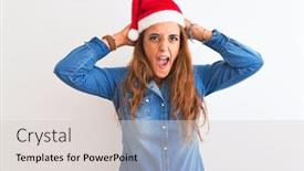  Presentation with woman hands open - Amazing slide deck having young beautiful redhead woman wearing christmas hat over isolated background crazy and scared with hands on head afraid and surprised of shock with open mouth backdrop and a lemonade colored foreground