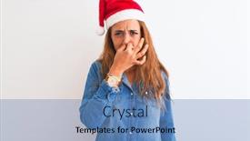  Presentation with bad breath - Cool new presentation design with young beautiful redhead woman wearing christmas hat over isolated background smelling something stinky and disgusting intolerable smell holding breath with fingers on nose bad smells concept backdrop and a teal colored foreground