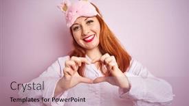  Presentation with pajama - Beautiful slide set featuring young beautiful redhead woman wearing pajama over pink isolated background smiling in love showing heart symbol and shape with hands romantic concept backdrop and a coral colored foreground