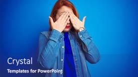  Presentation with vision - Beautiful PPT layouts featuring young beautiful redhead woman wearing denim shirt standing over blue isolated background rubbing eyes for fatigue and headache sleepy and tired expression vision problem backdrop and a navy blue colored foreground