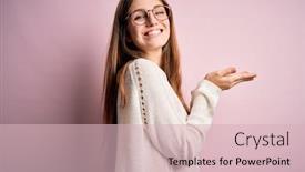  Presentation with human hands open palm up - PPT layouts having young-beautiful-redhead-woman-wearing background and a lemonade colored foreground