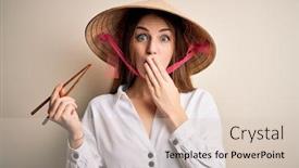  Presentation with asian chopsticks - Amazing slide deck having young-beautiful-redhead-woman-wearing backdrop and a lemonade colored foreground