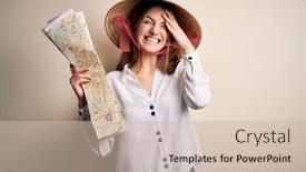  Presentation with asian map - Cool new PPT theme with young-beautiful-redhead-woman-wearing backdrop and a soft green colored foreground