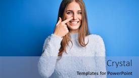  Presentation with nose - Colorful theme enhanced with young-beautiful-redhead-woman-wearing backdrop and a light blue colored foreground