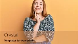 Presentation with hand print - Colorful theme enhanced with young-beautiful-redhead-woman-wearing backdrop and a coral colored foreground