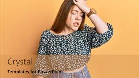  Presentation with hand print - Slides consisting of young-beautiful-redhead-woman-wearing background and a gold colored foreground