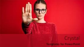  Presentation with hand palm - Slide deck consisting of young-beautiful-redhead-woman-wearing background and a crimson colored foreground