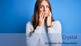  Presentation with sadness - PPT layouts having young-beautiful-redhead-woman-wearing background and a light blue colored foreground