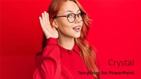  Presentation with listening woman - Amazing presentation theme having young-beautiful-redhead-woman-wearing backdrop and a red colored foreground