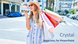  Presentation with sales - PPT layouts featuring young-beautiful-shopper-woman-smiling background and a sky blue colored foreground