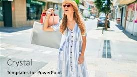  Presentation with sales - Slide deck enhanced with young-beautiful-shopper-woman-smiling background and a light gray colored foreground