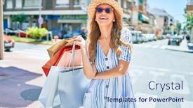 Presentation with sales - Theme with young-beautiful-shopper-woman-smiling background and a sky blue colored foreground