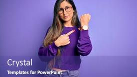  Presentation with smart - PPT theme featuring young-beautiful-smart-woman-wearing background and a violet colored foreground