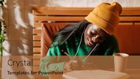  Presentation with taking notes - Presentation with young-beautiful-smiling-african-woman background and a  colored foreground