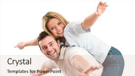  Presentation with fun - Slides with young beautiful smiling couple having fun together with piggyback and arms outstretched isolated on white background background and a lemonade colored foreground