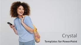  Presentation with bag - Presentation design with young-beautiful-smiling-curly-woman background and a  colored foreground
