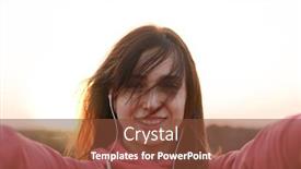  Presentation with runner - PPT theme featuring young beautiful smiling girl runner with headphones take selfie from hands with phone outdoor on summer evening healthy lifestyle and sports life concept background and a tawny brown colored foreground