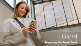  Presentation with railing - Slides featuring young-beautiful-smiling-happy-woman background and a violet colored foreground