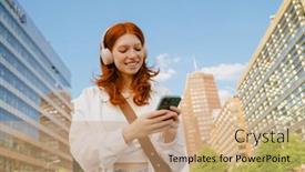  Presentation with city street - Slides consisting of young-beautiful-smiling-redhead-girl background and a coral colored foreground