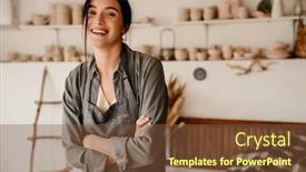  Presentation with apron - Presentation theme featuring young-beautiful-smiling-woman background and a  colored foreground