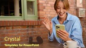  Presentation with video conference - Presentation theme enhanced with young-beautiful-smiling-woman background and a  colored foreground