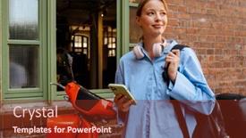  Presentation with red brick wall - Slides consisting of young-beautiful-smiling-woman background and a  colored foreground