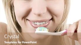  Presentation with tooth brush - PPT theme with young beautiful smiling woman with white teeth holding a tooth brush background and a coral colored foreground
