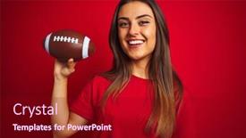 Presentation with football - Colorful presentation theme enhanced with young beautiful sportswoman holding football ball over isolated red background with a happy face standing and smiling with a confident smile showing teeth backdrop and a crimson colored foreground