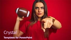  Presentation with football - Cool new PPT theme with young-beautiful-sportswoman-holding-football backdrop and a wine colored foreground