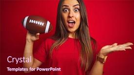  Presentation with hands holding - Theme featuring young-beautiful-sportswoman-holding-football background and a crimson colored foreground
