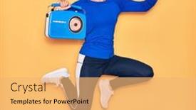  Presentation with vintage radio - Theme consisting of young-beautiful-sportswoman-listening background and a yellow colored foreground