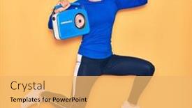  Presentation with vintage radio - Slide set enhanced with young-beautiful-sportswoman-listening background and a yellow colored foreground