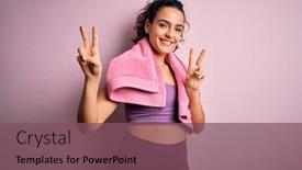  Presentation with victory sport - PPT layouts with young-beautiful-sportswoman-with-curly background and a violet colored foreground
