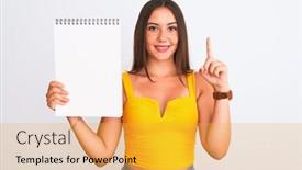  Presentation with happy young student girl holding - Slide deck with young beautiful student girl holding notebook standing over isolated white background surprised with an idea or question pointing finger with happy face number one background and a yellow colored foreground