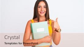  Presentation with happy young student girl holding - PPT theme enhanced with young-beautiful-student-girl-holding background and a coral colored foreground