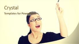  Presentation with writing pen - Beautiful slides featuring young beautiful student woman writing with a pen on abstract screen backdrop and a white colored foreground