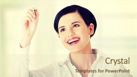  Presentation with writing pen - Cool new presentation theme with young beautiful student woman or businesswoman writing with a pen on abstract screen backdrop and a cream colored foreground