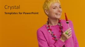  Presentation with lollipop - Presentation theme featuring young-beautiful-stylish-short-haired background and a gold colored foreground