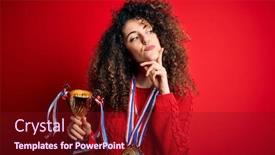  Presentation with trophy - Colorful PPT theme enhanced with young-beautiful-successful-woman backdrop and a tawny brown colored foreground