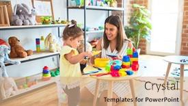  Presentation with cutlery - Slide set having young beautiful teacher and toddler playing with dishes and cutlery toy at kindergarten background and a coral colored foreground