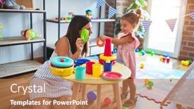  Presentation with pyramid - PPT theme with young beautiful teacher and toddler building pyramid using hoops on the table at kindergarten background and a coral colored foreground
