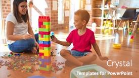  Presentation with building blocks - Audience pleasing slide deck consisting of young-beautiful-teacher-and-toddler backdrop and a coral colored foreground