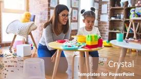  Presentation with teacher - PPT theme with young-beautiful-teacher-and-toddler background and a coral colored foreground