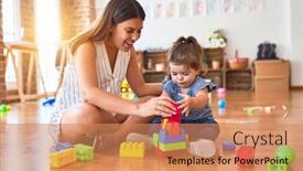  Presentation with building blocks - Cool new PPT layouts with young-beautiful-teacher-and-toddler backdrop and a coral colored foreground