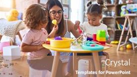  Presentation with cutlery food - Beautiful PPT layouts featuring young beautiful teacher and toddlers playing meals using plastic food and cutlery toy at kindergarten backdrop and a coral colored foreground