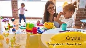  Presentation with toddlers - Slide deck with young beautiful teacher and toddlers playing on the table with lots of toys at kindergarten background and a gold colored foreground