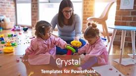  Presentation with toddlers - Amazing PPT layouts having young beautiful teacher and toddlers wearing uniform building pyramid using hoops at kindergarten backdrop and a red colored foreground